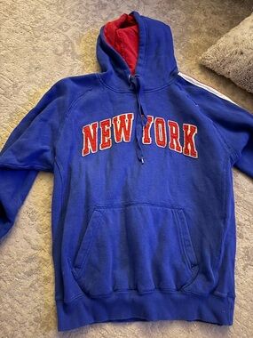 Blue Pullover Hoodie with Red 'New York' Lettering